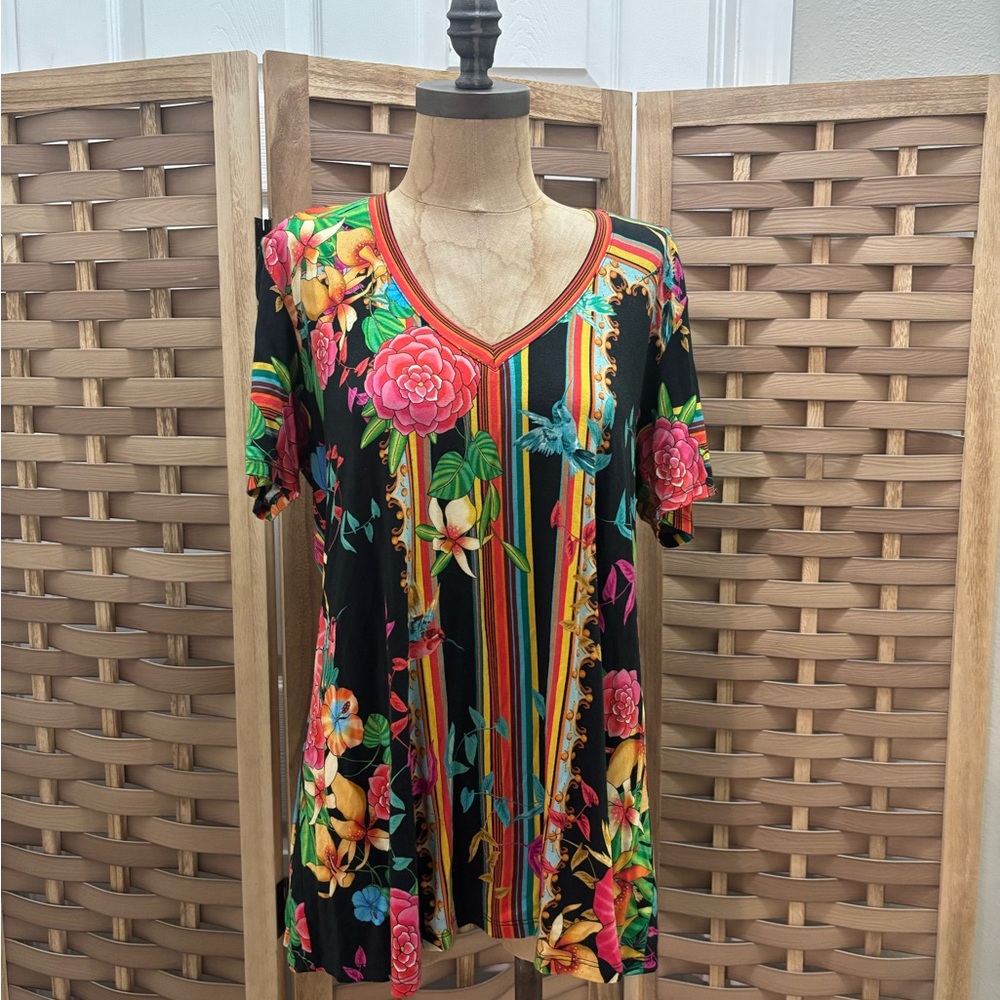 Johnny Was Black Floral Stripe V-Neck Top with Pink & Yellow Accents